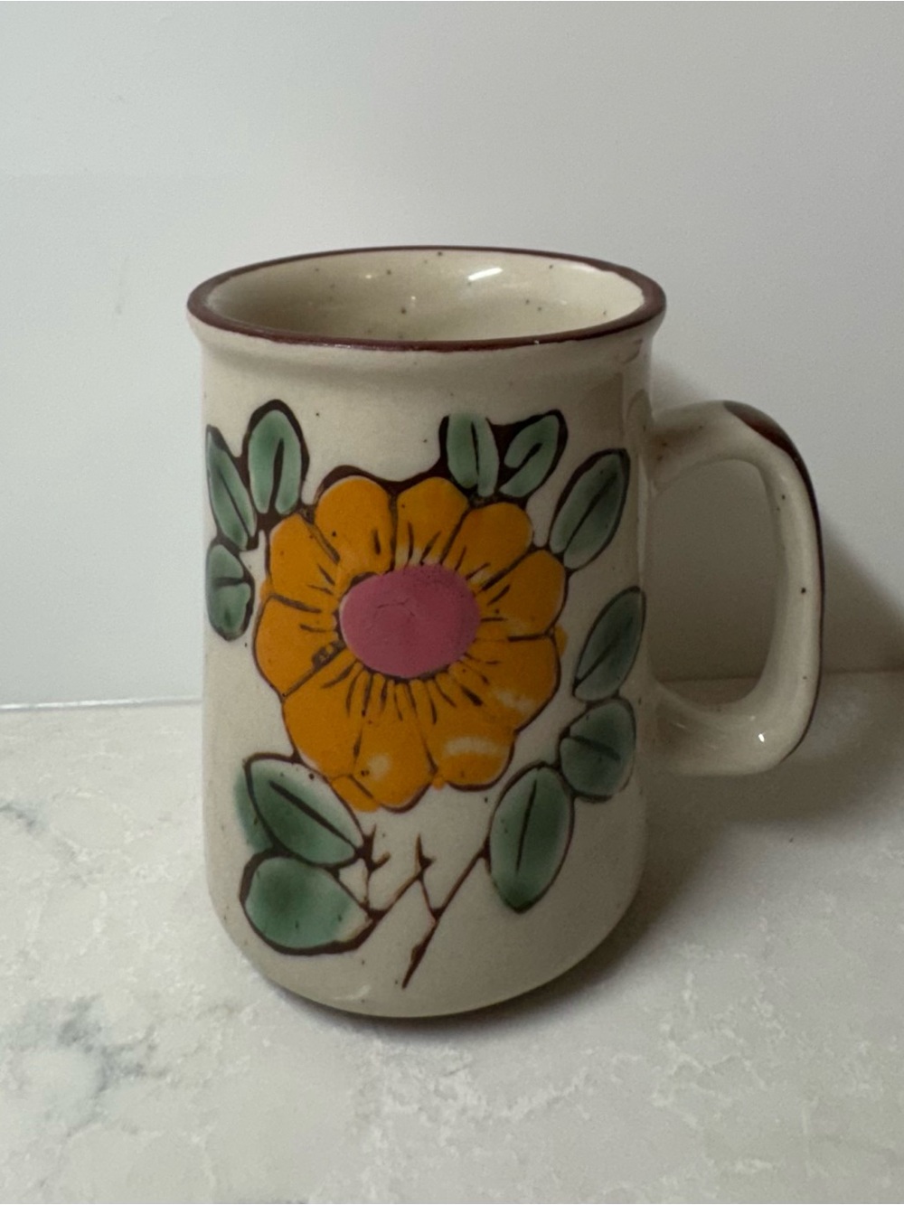 Vintage Retro Stoneware Mug W/ Orange Flower Cream Speckled Background